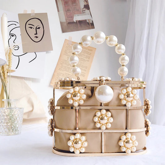 Pearl Basket Evening Clutch Bag Women Famous Brand Hollow Out Flowers Beaded Metallic Clutch Purse Korean Bucket Handbag Party