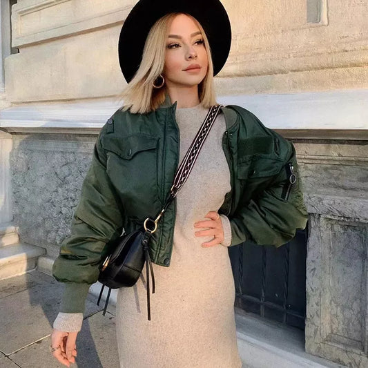 2020 stylish lady autumn winter merodi  green short jackets women fashion long sleeve zipper bomber jacket outwear women's coat