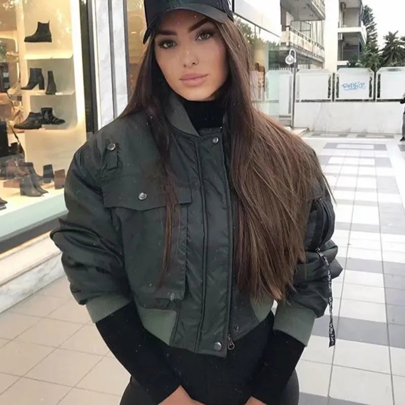 2020 stylish lady autumn winter merodi  green short jackets women fashion long sleeve zipper bomber jacket outwear women's coat