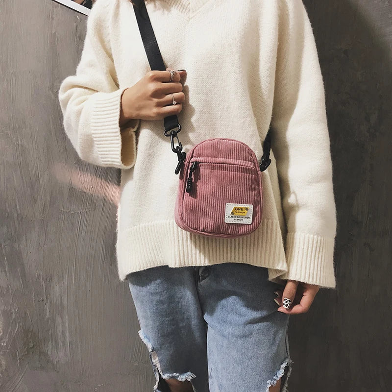 Women Little Canvas Shoulder Bag Small Corduroy Cloth Messenger Bag For Key Phone Pink Crossbody Bags Cute Zipper Purse For Girl