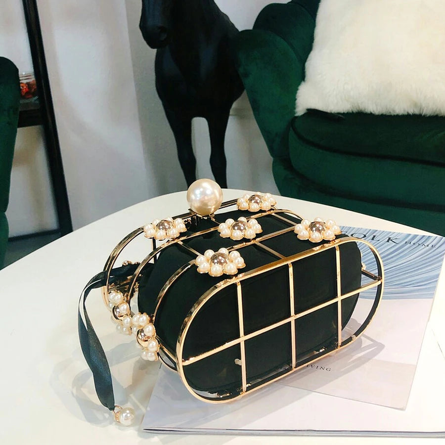 Pearl Basket Evening Clutch Bag Women Famous Brand Hollow Out Flowers Beaded Metallic Clutch Purse Korean Bucket Handbag Party