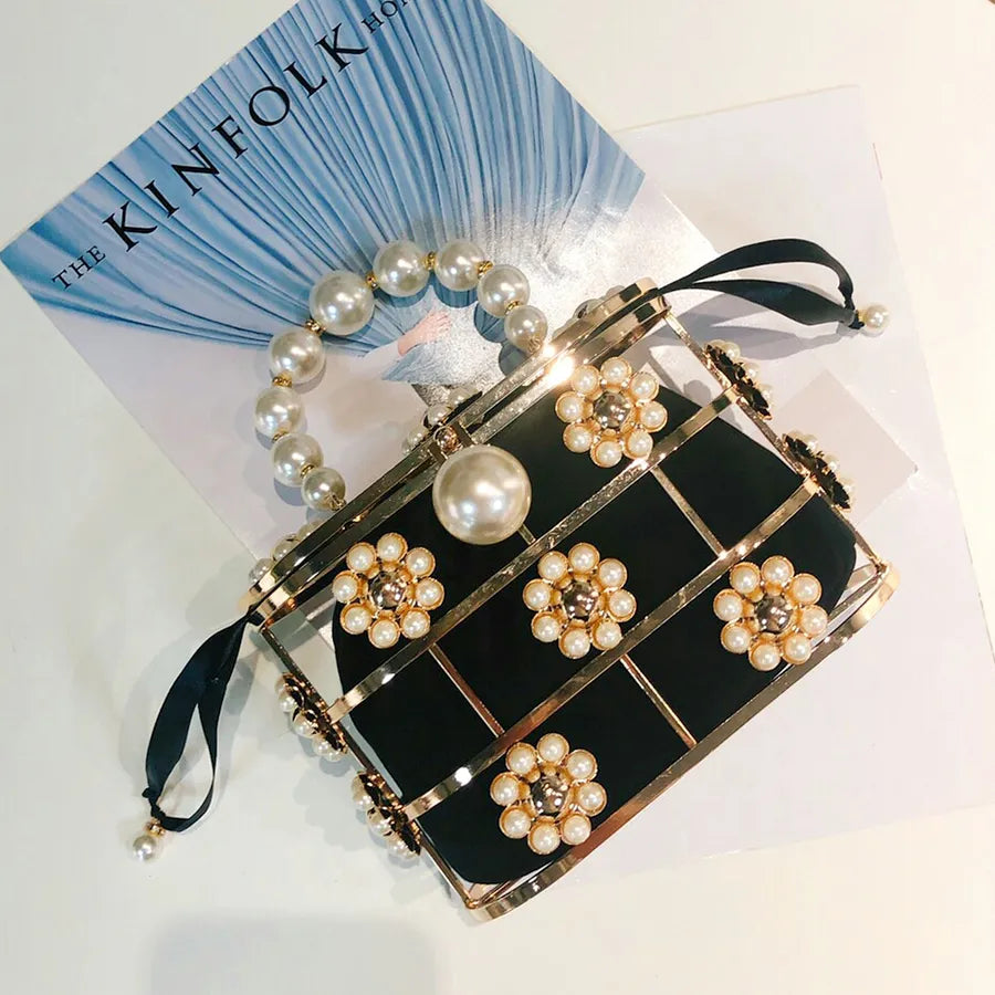 Pearl Basket Evening Clutch Bag Women Famous Brand Hollow Out Flowers Beaded Metallic Clutch Purse Korean Bucket Handbag Party