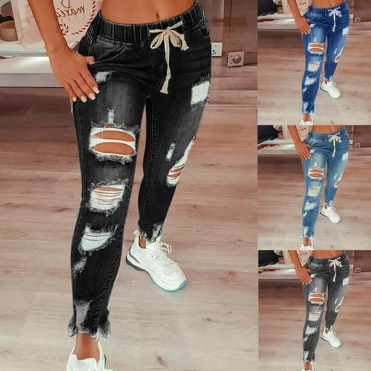 Womens Stretch Skinny Ripped Hole Washed Denim mom Jeans Female Slim Jeggings High Waist Pencil y2k Pants Trousers