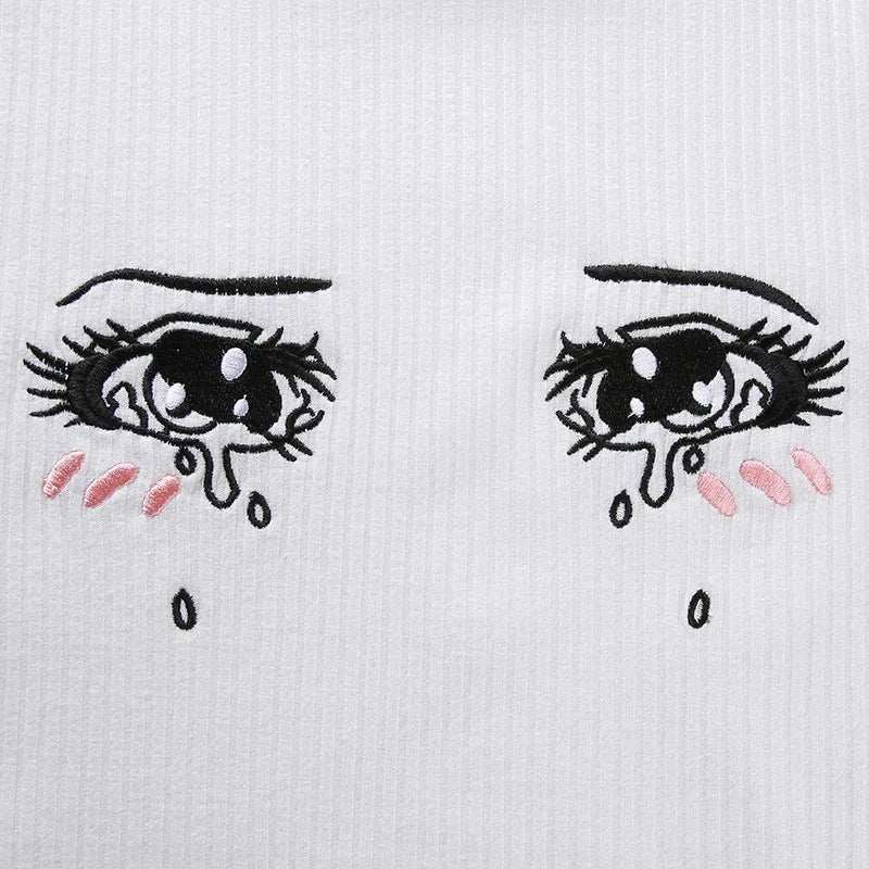 Anime Girls Cosplay Vest Pullovers Cartoon Embroidery Cute Crying Eye Lolita Costume Women Open Navel Thin Short Sleeve